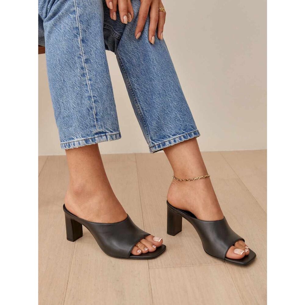 Reformation Black Leather Open-Toe Block Heel Mules